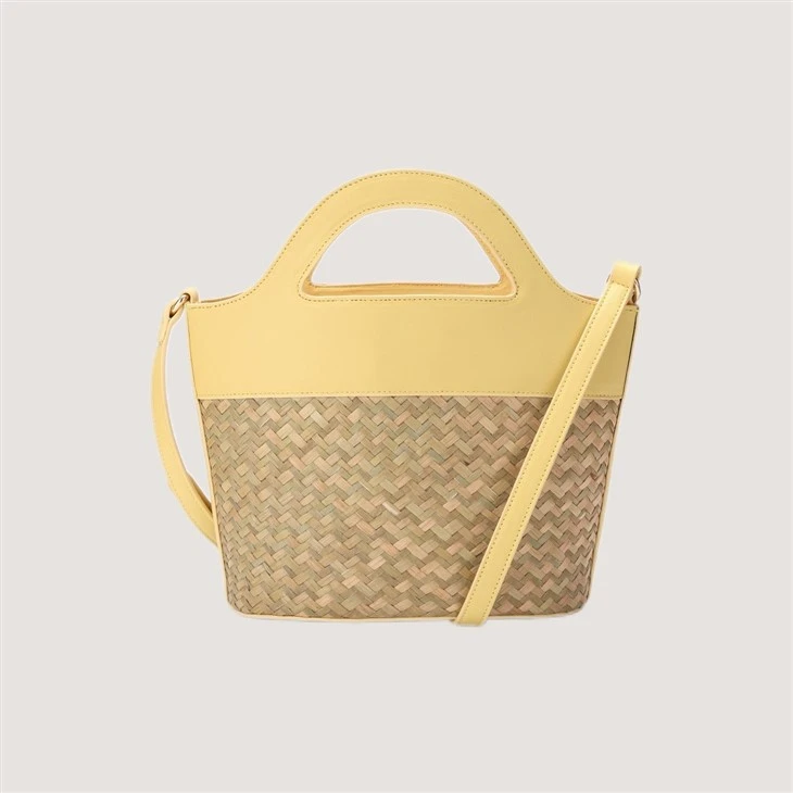 Lady Yellow PU & Woven Straw Basket Bag
